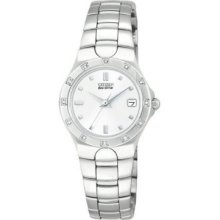 Citizen Silver Ladies Eco Drive Corso Stainless Steel Bracelet with 12 Diamond Bezel