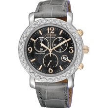 Citizen Womens Eco-Drive Crystal Chronograph Stainless Watch - Gray Leather Strap - Black Dial - FB1298-05H