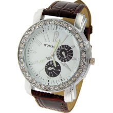 Crystals Circle Dial Stainless Steel Case Leather Band Wrist Watch (Brown) - Brown - Stainless Steel