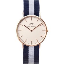 Daniel Wellington Womens Glasgow Classic Analog Stainless Watch - Blue with White Stripe Nylon Strap - White Dial - 0503DW