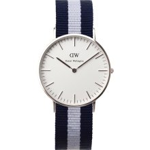 Daniel Wellington Womens Glasgow Classic Analog Stainless Watch - Blue with White Stripe Nylon Strap - White Dial - 0602DW