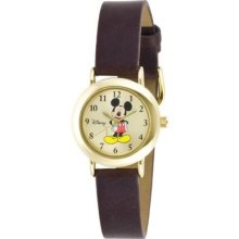 Disney Women's Mickey Mouse Goldtone Case Brown Unique Strap Watch Mck614
