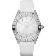 DKNY Ladies' Pearl Dial, Crystal-Set, White Snake-Effect Strap NY8790 Watch
