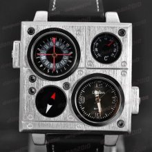 Double Dial Thermometer Compass Male Square Quartz Movement Boy's Wrist Watch