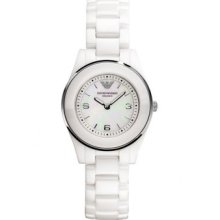 Emporio Armani Ladies Mini White Ceramic Watch Mop 28mm Dial Ar1439