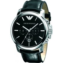 Emporio Armani Men's Classic AR0431 Black Leather Analog Quartz Watch with Black Dial