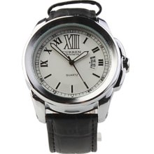Fashion White Dial Black PU Leather Band Men's Steel Wrist Watch
