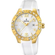 Festina Women's Gold Steel White Dial Crystals Silicone Strap Watch F165821