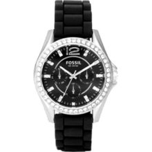 Fossil Black Silicone Silver Dial Crystal Riley Woman's Watch Es2345 Generic Lp