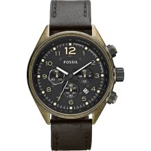 Fossil Mens Flight Chronograph Antique Stainless Watch - Black Leather Strap - Black Dial - CH2783