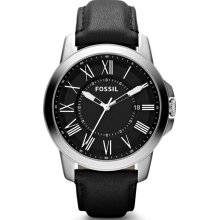 Fossil Mens Grant Analog Stainless Watch - Black Leather Strap - Black Dial - FS4745