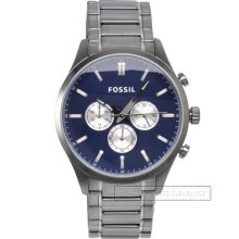 Fossil Walter Mens Chronograph Watch Blue Face Dial Gunmetal Band $125 Msrp
