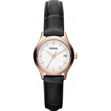 Fossil Women's Archival ES3169 Black Calf Skin Analog Quartz Watch with White Dial
