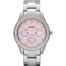 Fossil Womens Stella Chronograph Stainless Watch - Silver Bracelet - Pink Dial - ES2946