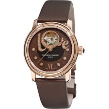Frederique Constant Women's Swiss Automatic Skeletonized Diamond Accent Brown Leather Strap Watch