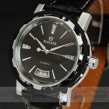 Gorgeous Fashion Crystal Men Auto-mechanical Calendar Leather Clock Wrist Watch