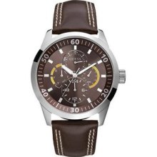 Guess Gents Brown Leather Strap Watch With Mocha Multi Fuction Dial
