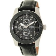 Guess Men's W0079G1 Black Leather Quartz Watch with Black Dial ...