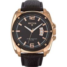 Hector H France Mens Gold PVD Case Black Leather Date Watch