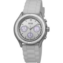 Hugo Boss Ladies Quartz Watch With Silver Dial Chronograph Display And White Silicone Strap 1502223