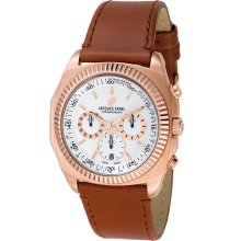 Jacques Farel Mens Chronograph Stainless Watch - Brown Leather Strap - White Dial - JACAUL5326