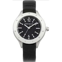 Karen Millen Ladies' Stainless Steel & Black Crystal Set Leather Strap KM109B Watch