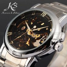 Ks Skeleton Mechanical Analog S/steel Black Dial Men Sport Wrist Watch Gift Po01
