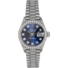 Ladies 18k White Gold Rolex President Watch Blue Diamond Dial 69179