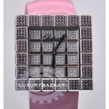 Ladies Ice Cube Watch Pink (WG-Purple Sapphires / White Diamonds / Satin-Leather Strap)