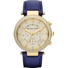 Ladies' Michael Kors Mid-Size Navy Leather Parker Chronograph Glitz Watch