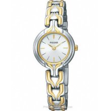 Ladies Pulsar By Seiko Quartz Pta462 White Dial Two Tone Steel Watch