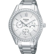 Ladies Pulsar By Seiko Quartz Chrono Pp6009 Crystal Silver Dial Watch