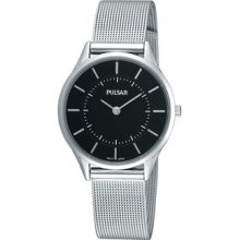 Ladies Pulsar Stainless Steel Black Dial Mesh Watch