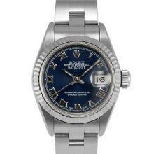 Ladies Rolex Datejust Ss Blue Roman Dial Fluted Bezel Oyster Band 69174 Papers