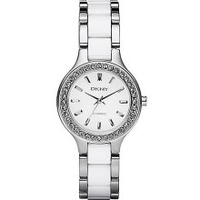 Ladies' Silver Stainless Steel & White Ceramic Watch with Crystals
