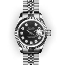 Ladies Stainless Steel Black Dial Fluted Bezel Rolex Datejust (627)