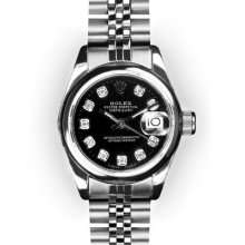 Ladies Stainless Steel Black Dial Smooth Bezel Rolex Datejust (1073)