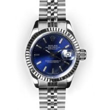 Ladies Stainless Steel Blue Stick Dial Fluted Bezel Rolex Datejust