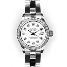 Ladies Stainless Steel Oyster White Dial Beadset Bezel Rolex Datejust