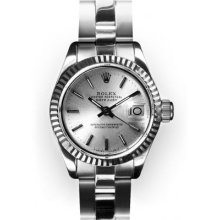 Ladies Stainless Steel Oyster Silver Stick Dial Fluted Rolex Datejust