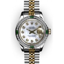 Ladies' Two Tone MoP Dial Emerald Channel Set Bezel Rolex Datejust