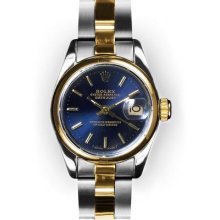 Ladies Two Tone Oyster Blue Stick Dial Smooth Bezel Rolex Datejust