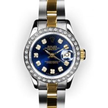 Ladies Two Tone Oyster Blue Dial Beadset Bezel Rolex Datejust (557)