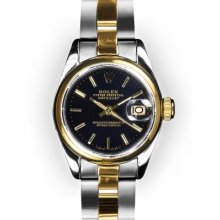 Ladies Two Tone Oyster Black Stick Dial Smooth Bezel Rolex Datejust