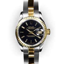 Ladies Two Tone Oyster Black Stick Dial Fluted Bezel Rolex Datejust