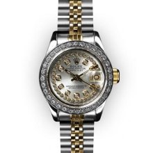 Ladies Two Tone Silver String Dial Beadset Bezel Rolex Datejust (538)