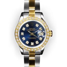 Ladies TwoTone Oyster Blue Dial Yellow Gold Beadset Rolex Datejust