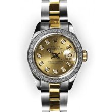 Ladies TwoTone Oyster Champagne Dial White Gold Beadset Rolex Datejust