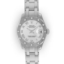 Ladies White Gold MoP Roman Dial 12 Diamond Bezel Rolex Pearlmaster