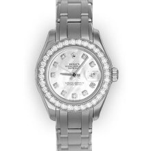 Ladies White Gold MoP Diamond Dial Beadset Bezel Rolex Pearlmaster